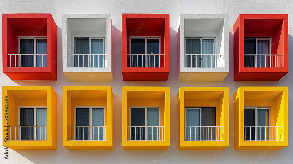 White Building With Red and Yellow Windows and Balconies