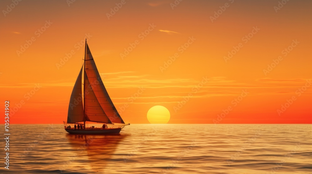 A sailboat gracefully sails in the ocean at sunset, casting a warm glow on the water. Generative AI.