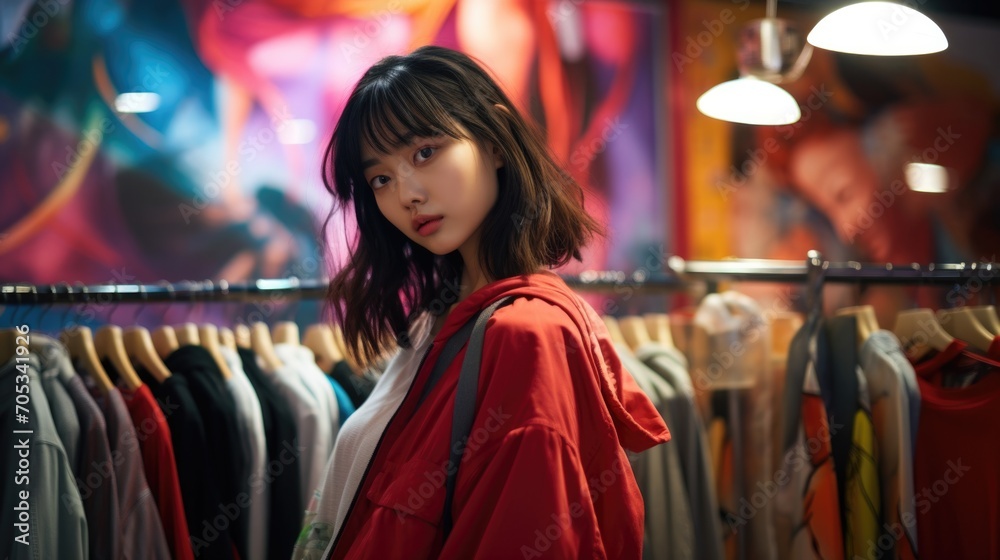 A stylish Asian woman in a red jacket stands confidently in a clothing store surrounded by racks of clothes. Generative AI. A stylish Asian woman in a red jacket stands confidently in a clothing store surrounded by racks of clothes. Generative AI.