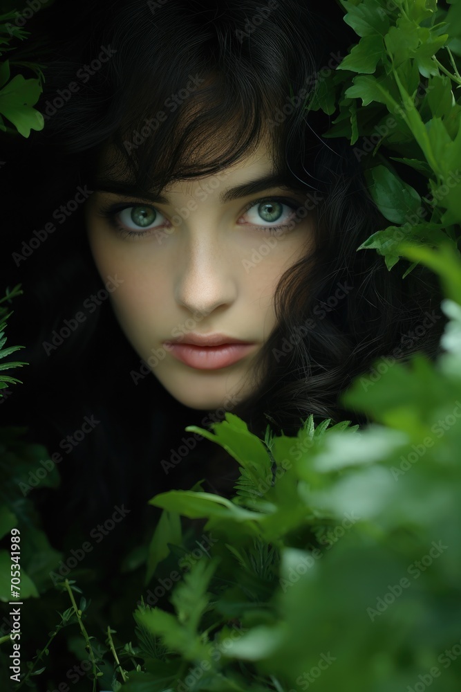 A captivating woman with mesmerizing blue eyes blends into the lush foliage. Generative AI. A captivating woman with mesmerizing blue eyes blends into the lush foliage. Generative AI.