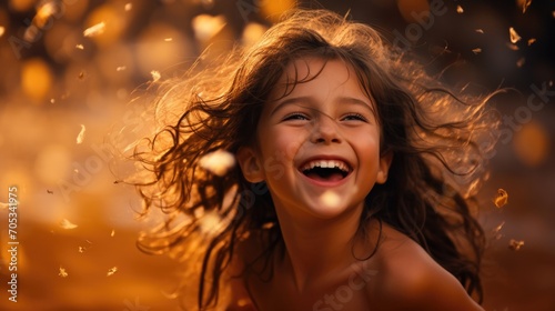 A joyful young girl laughs and smiles as she soars through the air, surrounded by confetti. Generative AI.