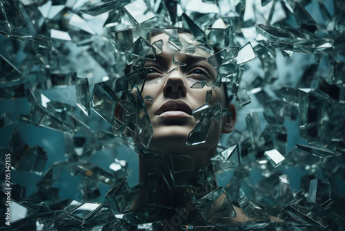 A maze of shattered mirrors reflecting myriad fractured selves, illustrating the internal struggle for identity and cohesion. Concept of fractured selfhood. Generative Ai.