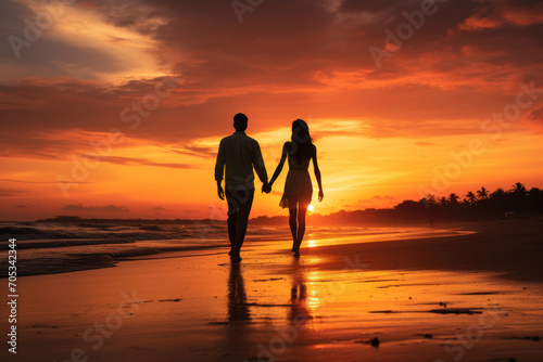 A sunset stroll along the beach, the couple's silhouettes etched against the vibrant hues of the sky, symbolizing the beauty of shared moments. Concept of romantic serenity. Generative Ai. © Sebastian