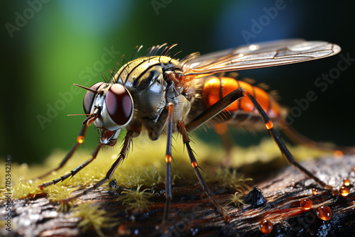 Extreme macro shot Mosquito Eyes in the wild. The detail of the Mosquito's eyes up close is very small. Yellow leave mosquito. Selective focus.