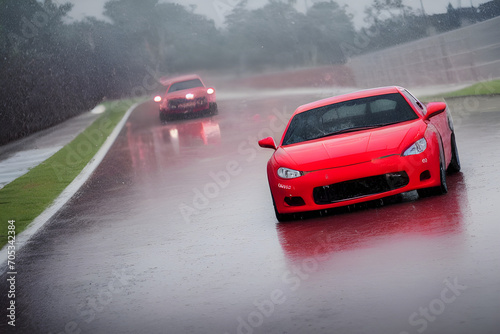um carro vermelho em um autodromo em alta velocidade photo