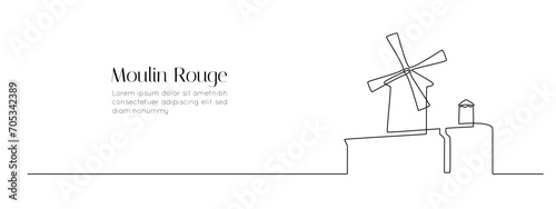 Continuous one line drawing of Cabaret Moulin Rouge. Red windmill in Paris city in simple linear style. French landmark in editable stroke. Doodle outline vector illustration