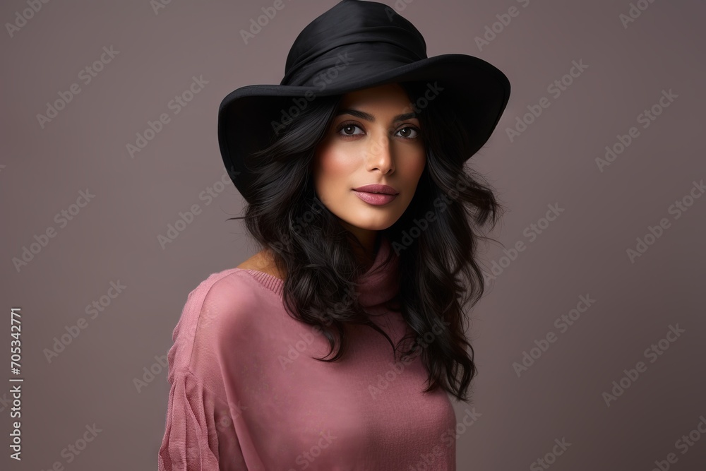 Portrait of a beautiful brunette woman in a black hat. Portrait of a beautiful brunette woman in a black hat.
