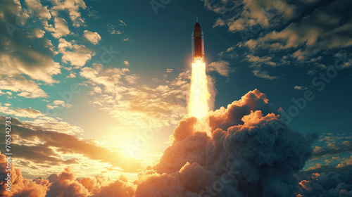A frame on which a space rocket is visible, taking off from the ground, creating a fire pillar tha