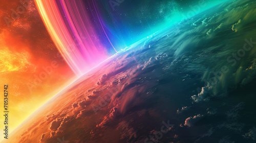 A hypnotic planet with an atmosphere refracting light into multi colored rays resembling a rainbow
