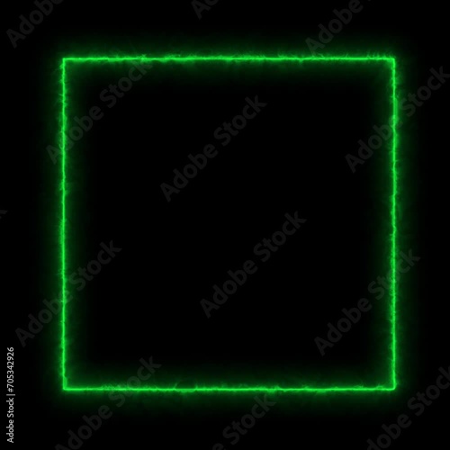 A square frame made of one green kryptonite neon flickering light. blinking/flickering fluorescent light glowing on a black background, Seamless loop, screen overlay