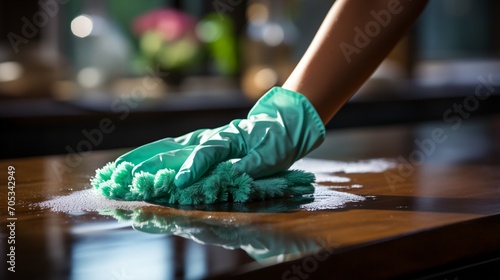 gloved hand wiping a table