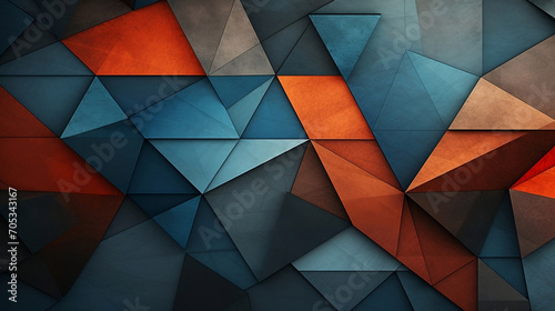 Geometric pattern with triangles in blue red and orange colors, art deco sensibilities, cubist: fragmented planes, dark gray and brown, embossed paper, black background