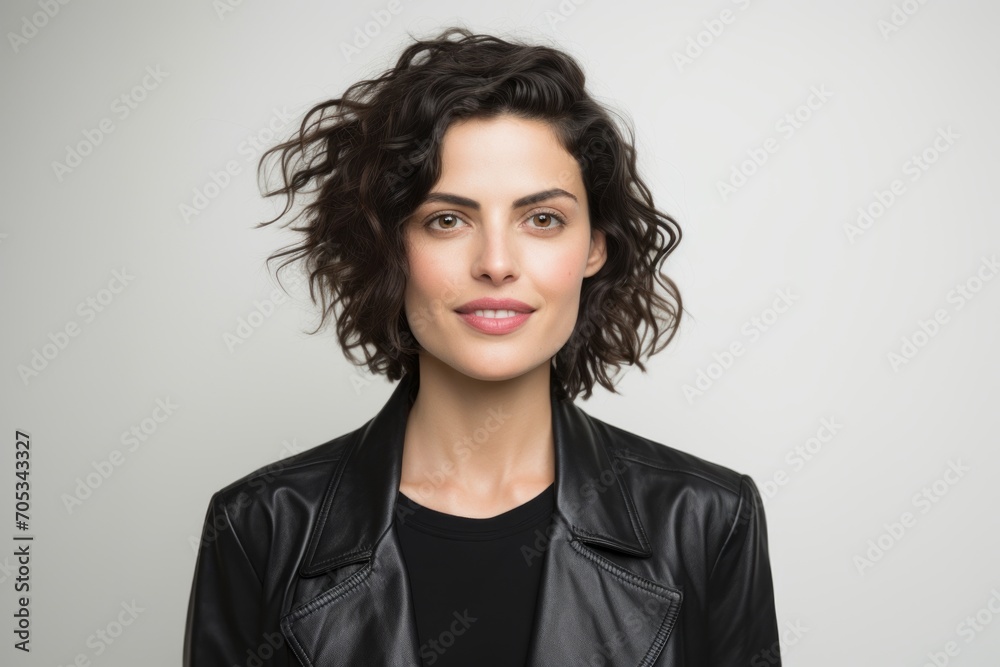 Portrait of a beautiful brunette woman in black leather jacket. Portrait of a beautiful brunette woman in black leather jacket.