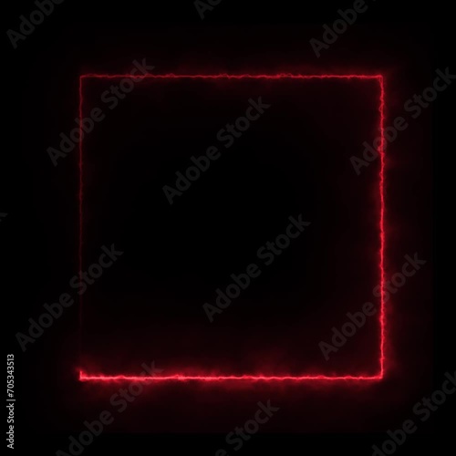 A square frame made of one moving red neon light.
Abstract Red Heat neon square frame. Moving fluorescent light glowing on a black background,  Seamless loop
