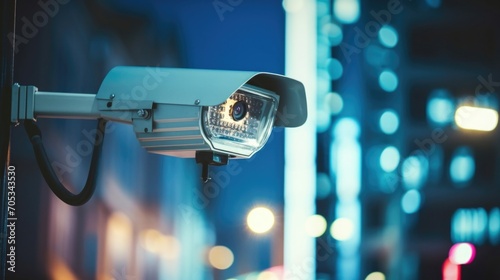 Closeup of a smart surveillance camera with infrared sensors for night vision capabilities.