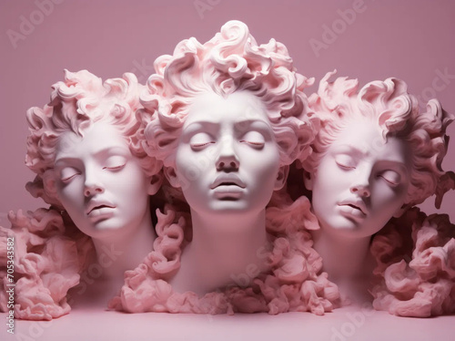 Three retro female busts in pastel pink. Retro aesthetics, retro futurism.