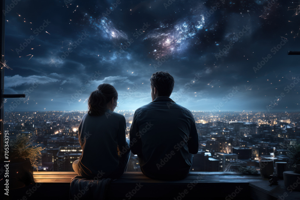 A rooftop astronomy session with a couple stargazing, finding constellations and contemplating the vastness of the universe together. Concept of celestial connection. Generative Ai.