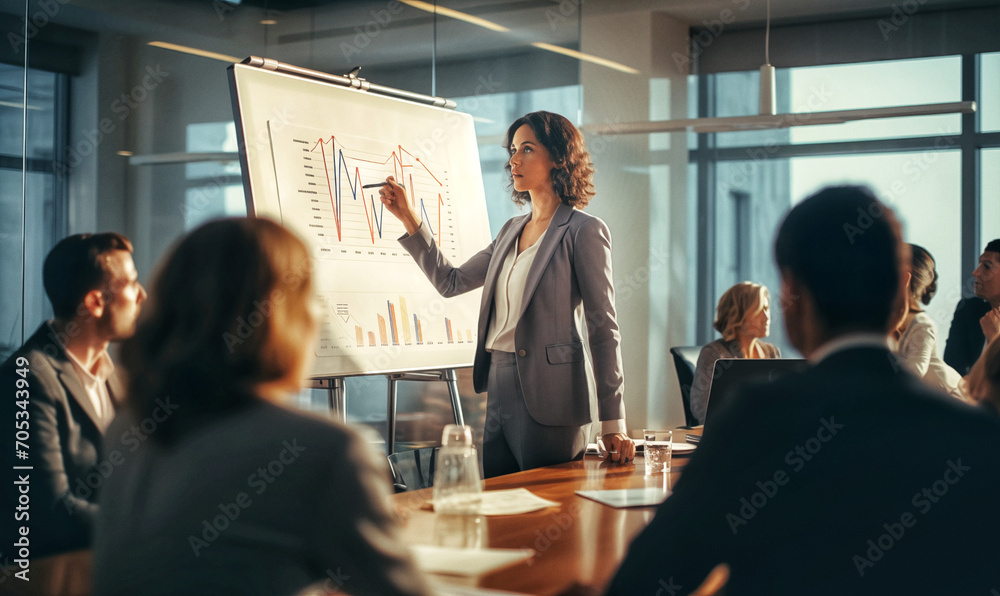 Businesswoman standing in front of a whiteboard in a meeting room illustrating financial data