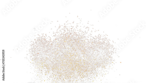 Ground Coffee roasted powder dust fly explosion, Coffee crushed ground float pouring. Roasted Coffee powder ground dust splash explosion in mid Air. Black background Isolated gold bokeh