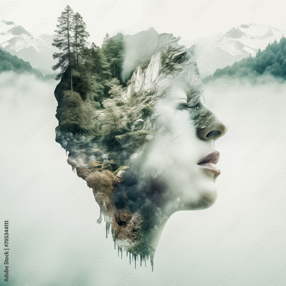 AI-Generated Double Exposure Portrait with Mountain Landscape