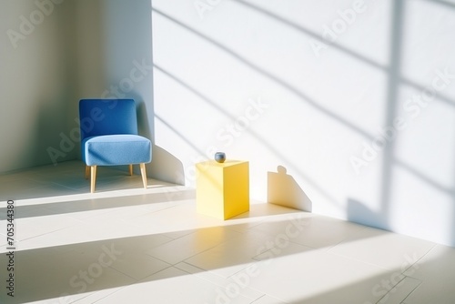 Blue armchair and yellow cube in a white room with sunlight and shadows