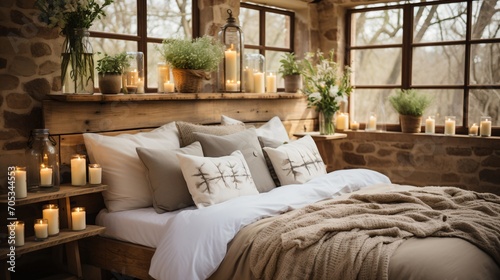 Rustic cozy bedroom with candles and flowers