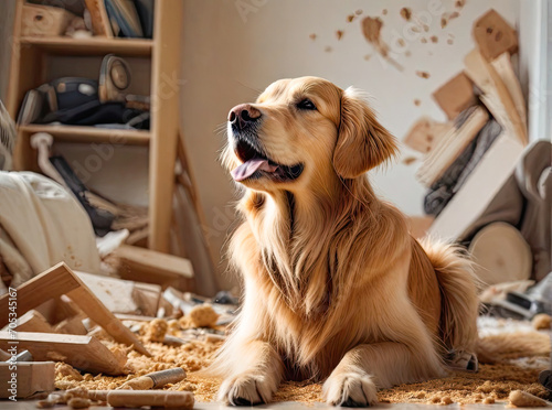 Portrait of a golden retriever with a trashed room and a mess in the background