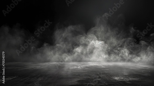 Concrete floor with smoke or fog in dark room with spotlight. Asphalt night street background.