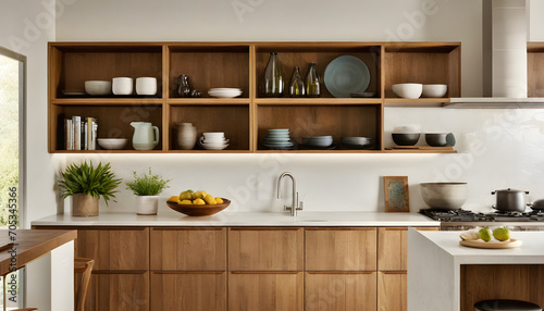 A designer kitchen with a mix of open shelving and closed cabinets