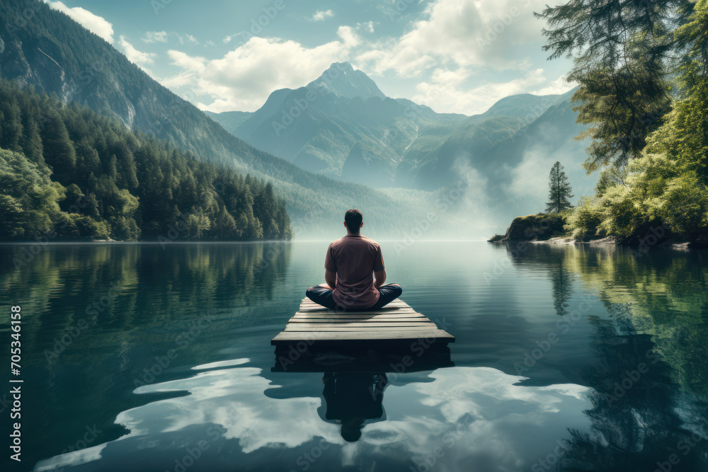 A person practicing deep breathing exercises by a serene mountain lake, harnessing the power of breath for relaxation and mindfulness. Concept of alpine serenity. Generative Ai
