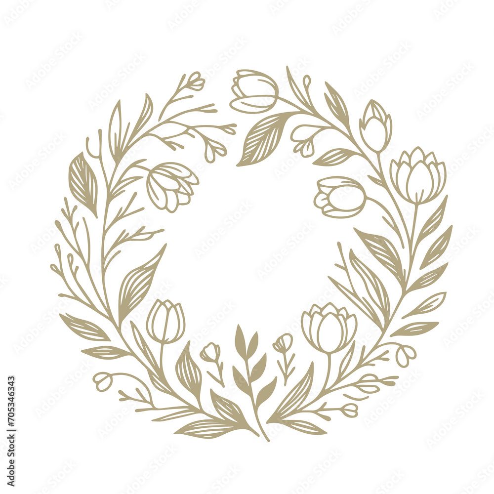 Hand drawn floral minimal elements in line art style. Greenery for decoration, wild and garden plants, branches, leaves. frame with tulips. tulips. flowers