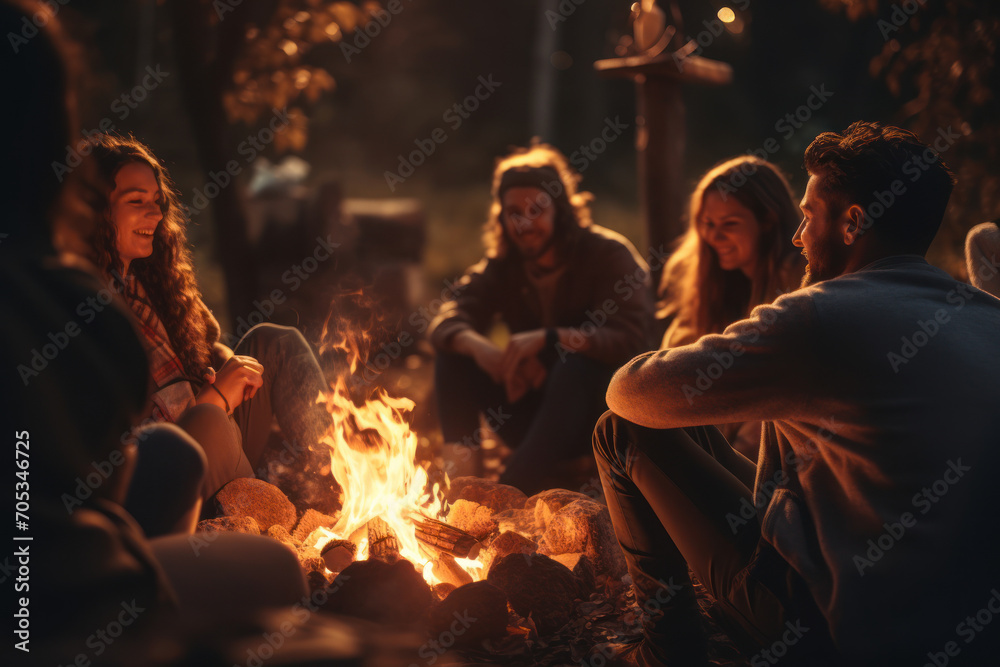 An autumn bonfire gathering, with friends gathered around crackling flames, sharing stories and enjoying the warmth. Concept of bonfire camaraderie. Generative Ai.