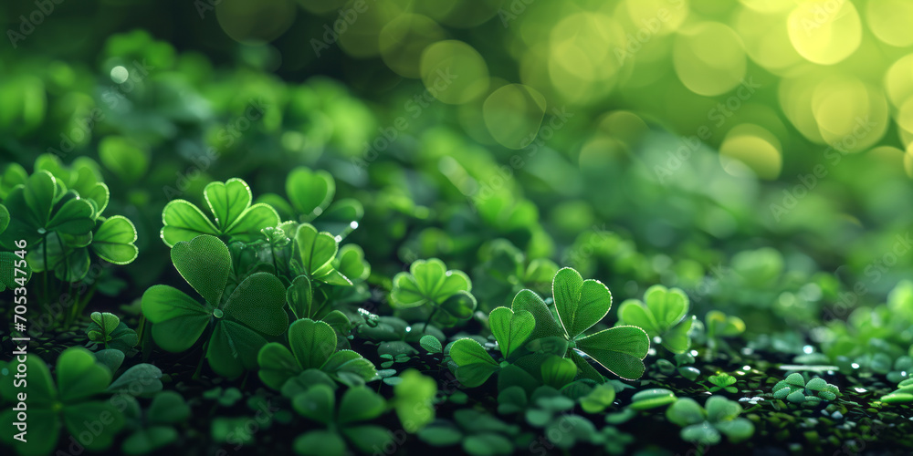 Green background with four-leaf clovers. St. Patrick's banner with Irish shamrocks and copy space. Celebrating St. Patrick's Day in Ireland. Green background with four-leaf clovers. St. Patrick's banner with Irish shamrocks and copy space. Celebrating St. Patrick's Day in Ireland.
