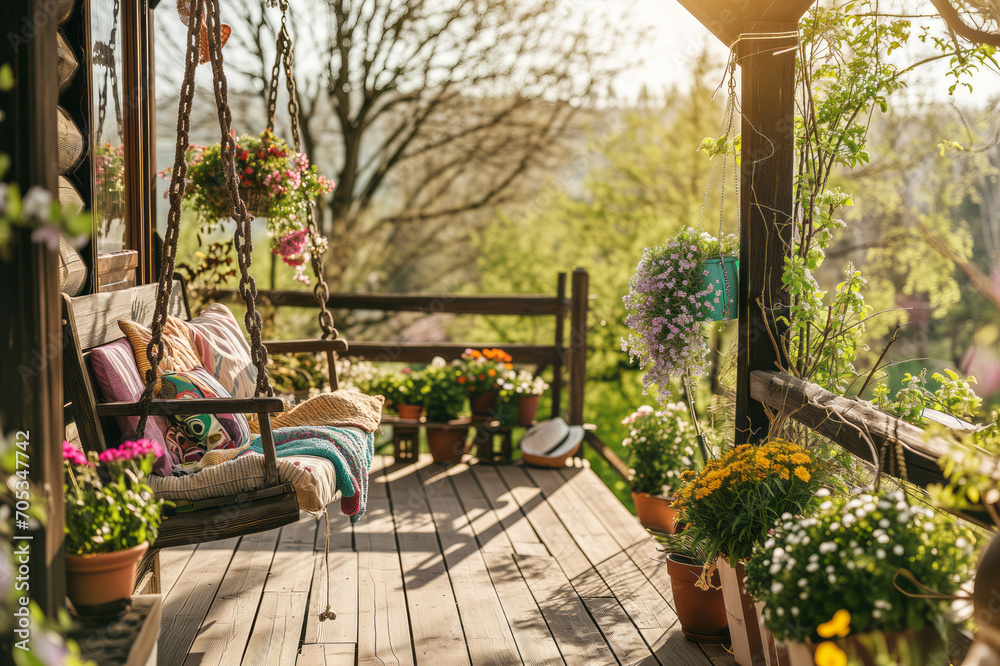 Cozy wooden terrace with rustic wooden furniture, soft colorful pillows and blankets, swinging sofa and flower pots. Charming sunny evening in summer garden.