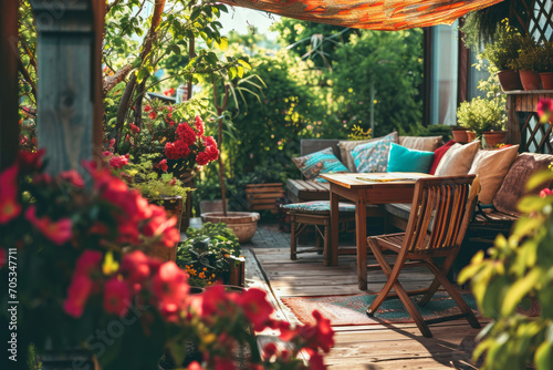 Cozy wooden terrace with rustic wooden furniture  soft colorful pillows and blankets  sunshade and flower pots. Charming sunny evening in summer garden.