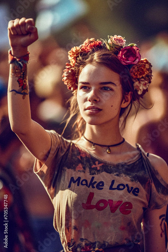 AI-Generated Image: Young Woman at Peace Rally in "Make Love Not War" T-shirt