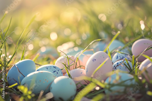 Beautiful colorful eggs and flowers in spring grass meadow over blue sky with sun.