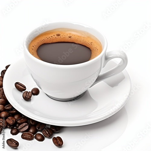 White cup of coffee with coffee beans