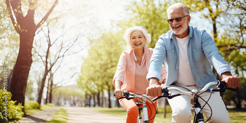Cheerful active senior couple with bicycle in park together having fun lifestyle. Perfect activities for elderly people. Happy mature couple riding bikes, bicycles in the springtime park