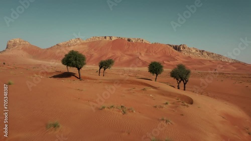 Desert mountains in Fossil Rock Dubai UAEm aerial sunrise view with trees and blue sky photo