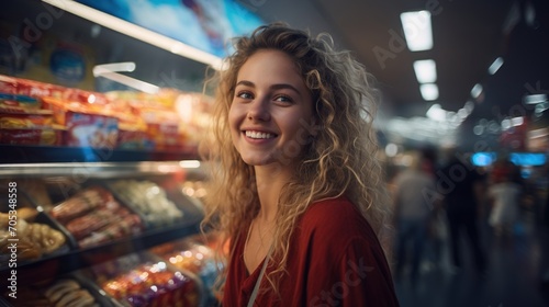 Portrait of a happy young woman with curly hair in a grocery store