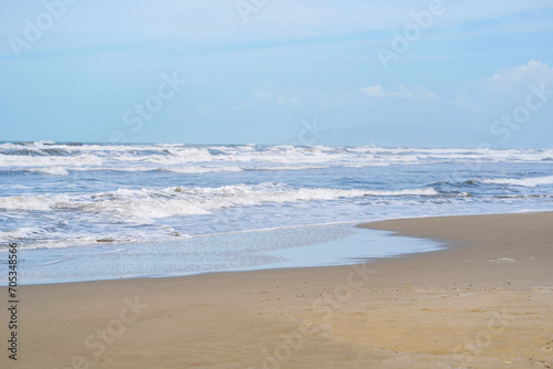 Panorama of beautiful white sand beach and blue water in Italy. Holiday summer beach background