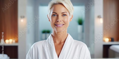 Headshot of happy smiling beautiful middle aged woman wearing bathrobe at spa salon hotel looking at camera. Wellness spa procedures advertising. Skincare concept