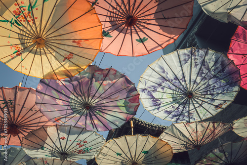 Vibrant colorful Chinese style umbrellas at the umbrella street in Hohhot  China