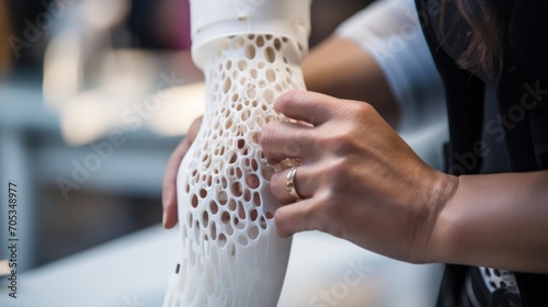 Closeup of a 3Dprinted prosthetic being evaluated by a team of professionals for durability and effectiveness in assisting with everyday tasks. photo