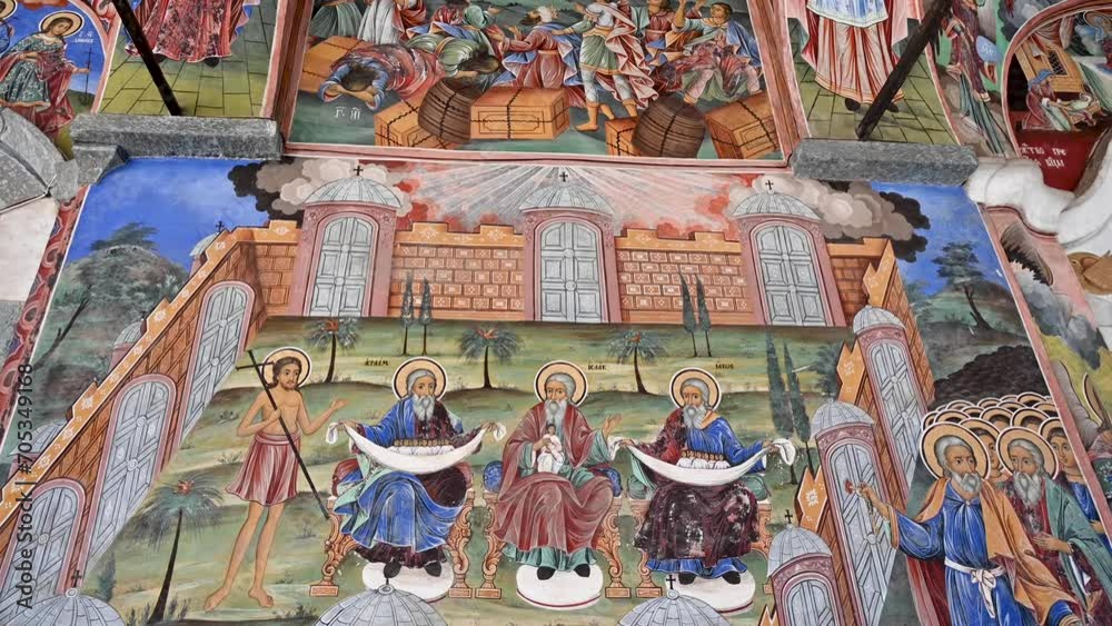 Beautiful frescoes on the exterior of Rila Monastery in Bulgaria