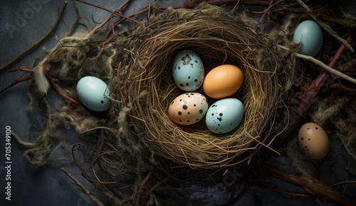 Nest with multicolored speckled eggs, dark background.