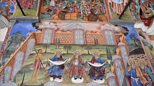 Beautiful frescoes on the exterior of Rila Monastery in Bulgaria photo