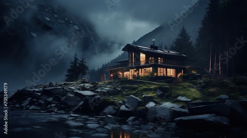 Modern lakeside house exterior with mountain and river view at night
