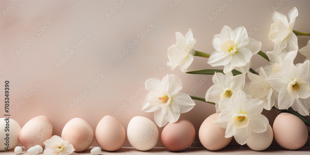Soft color pastel easter eggs and narcissus flowers, clean beige image background and copy space Soft color pastel easter eggs and narcissus flowers, clean beige image background and copy space